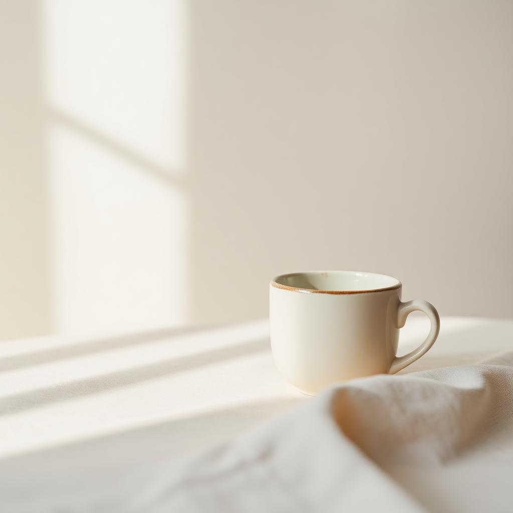 A single ceramic cup on a sunlit linen surface, quiet morning light