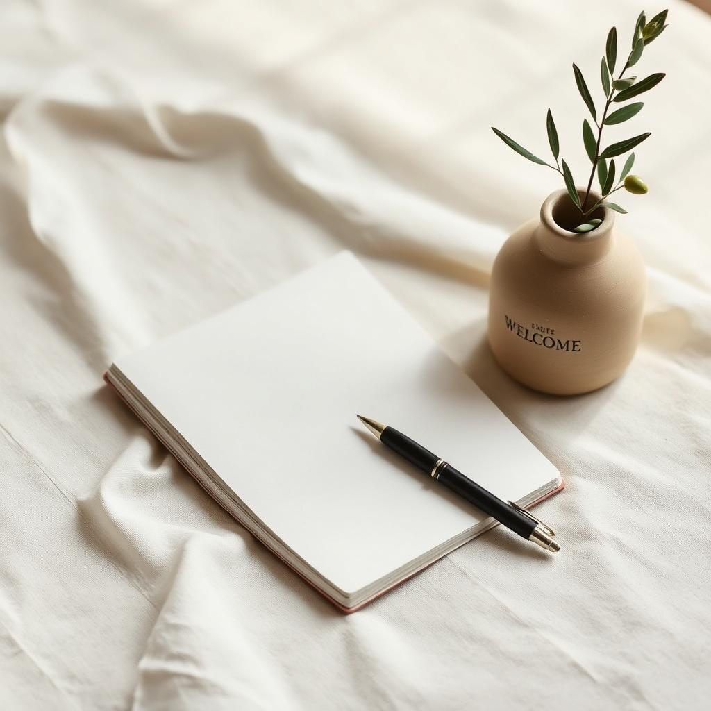 An open notebook and pen beside a small ceramic vase with an olive sprig on soft linen